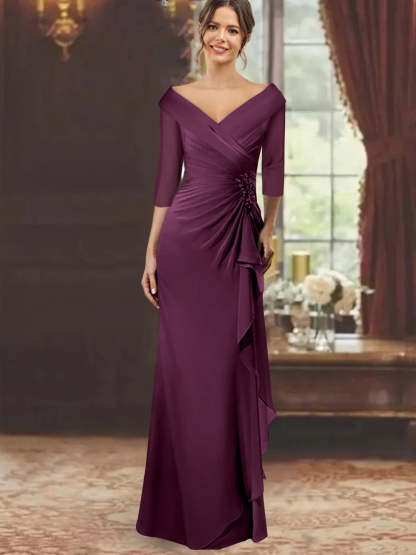V-Neck Half-Sleeve Floor-Length Sheath Mother of the Bride Dress with Ruffles and Appliques