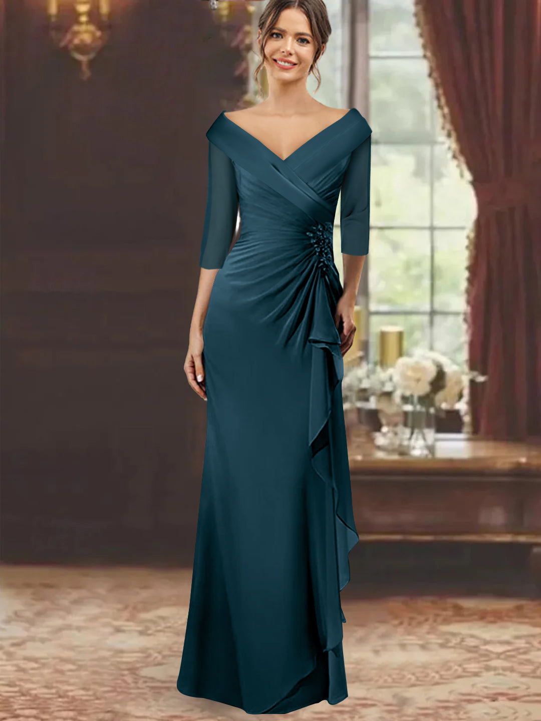 V-Neck Half-Sleeve Floor-Length Sheath Mother of the Bride Dress with Ruffles and Appliques