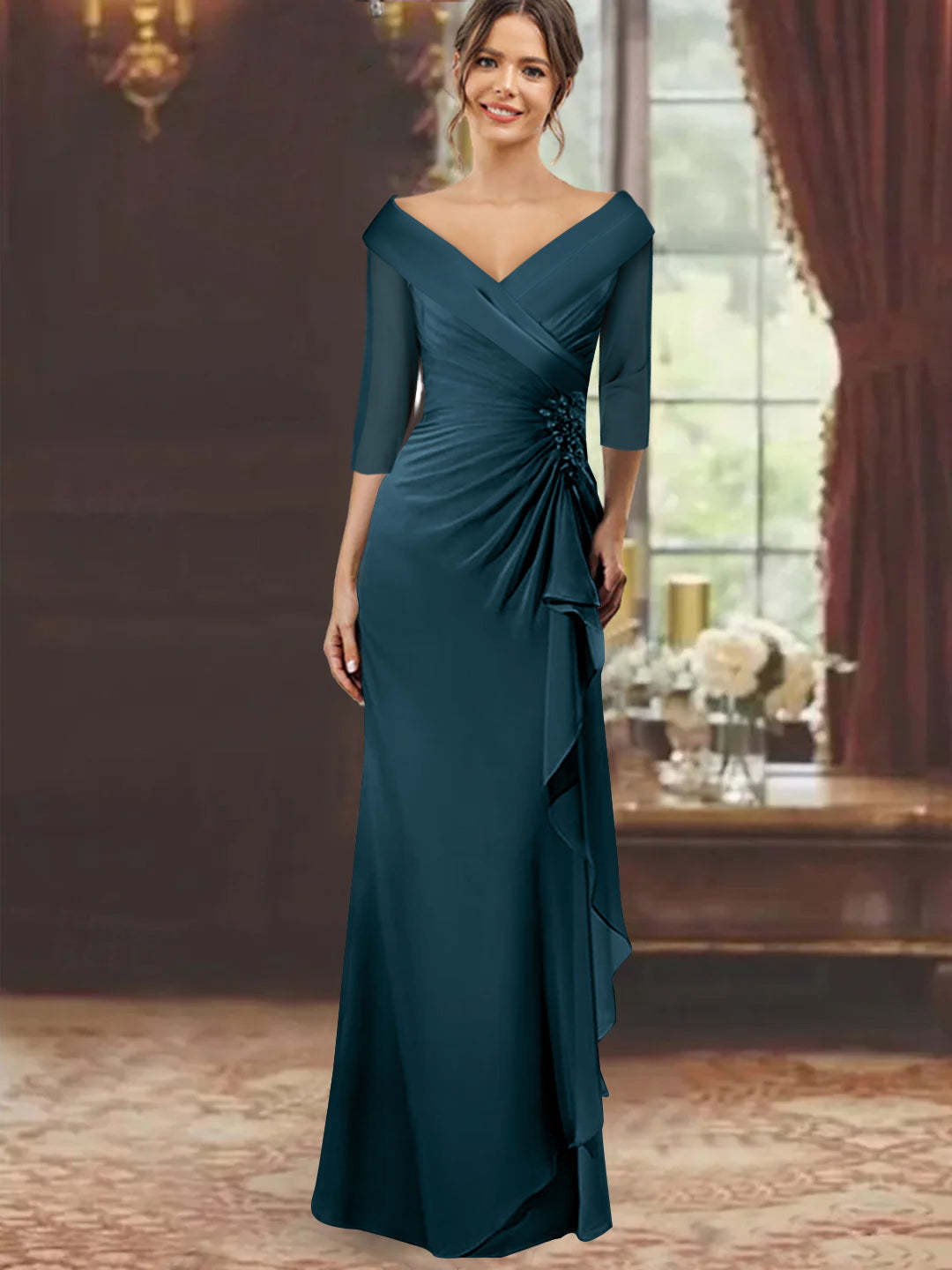 V-Neck Half-Sleeve Floor-Length Sheath Mother of the Bride Dress with Ruffles and Appliques