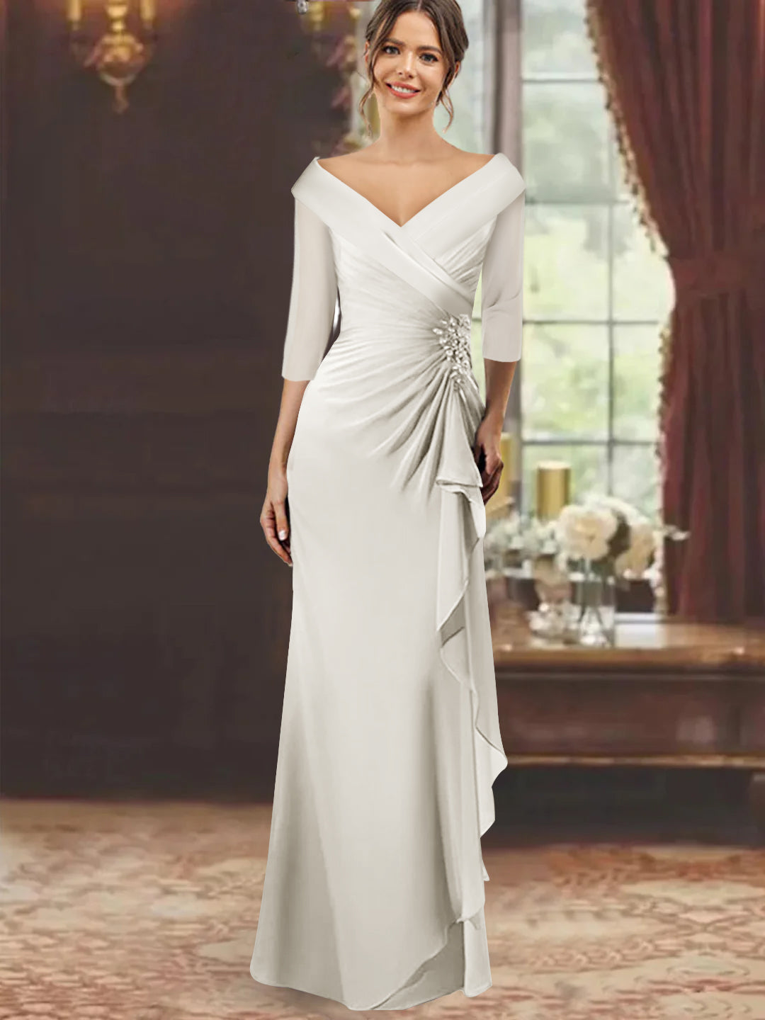 V-Neck Half-Sleeve Floor-Length Sheath Mother of the Bride Dress with Ruffles and Appliques
