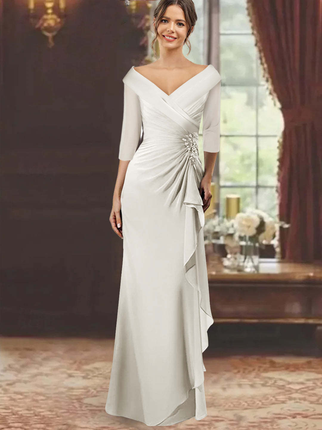 V-Neck Half-Sleeve Floor-Length Sheath Mother of the Bride Dress with Ruffles and Appliques