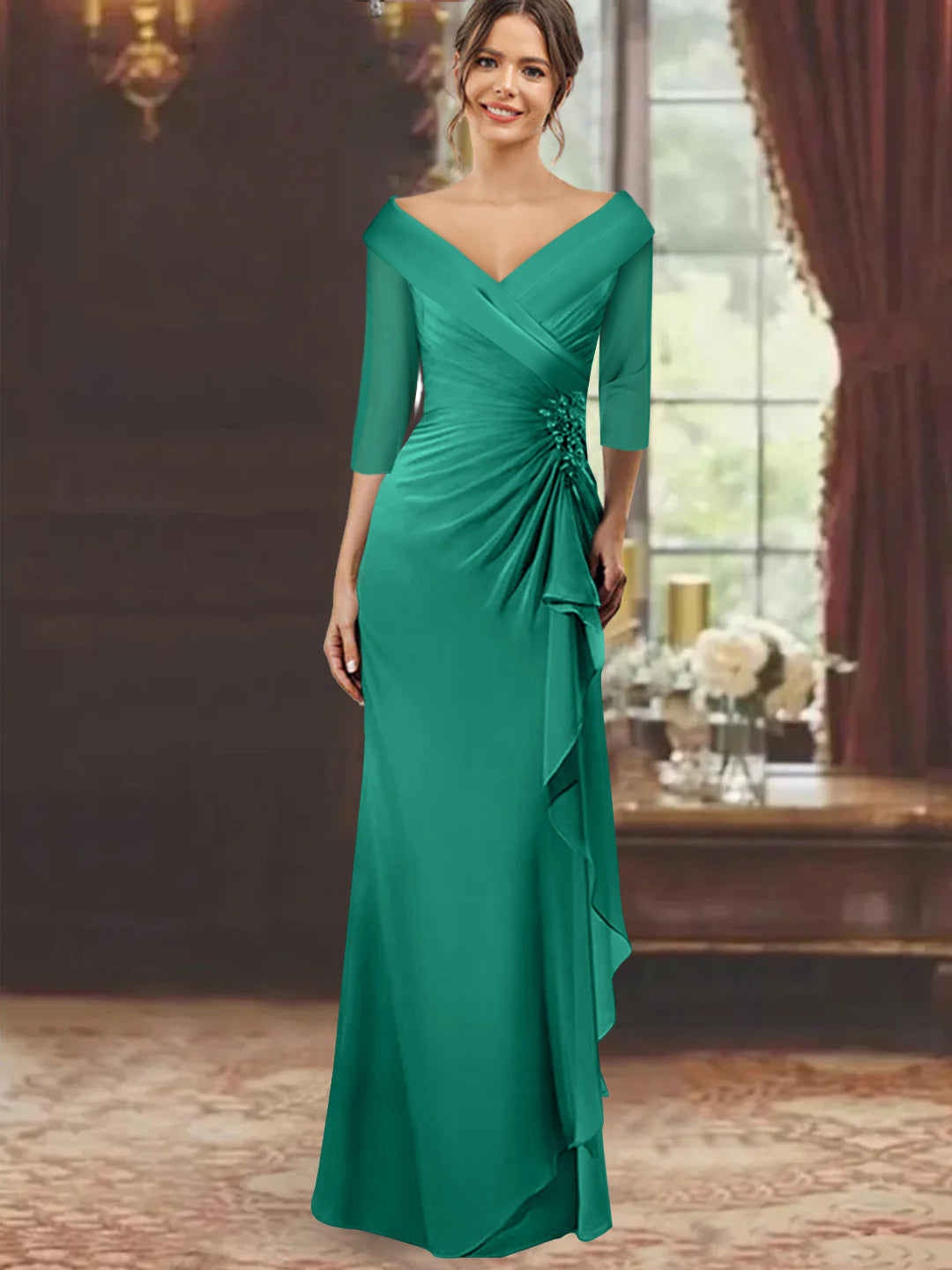 V-Neck Half-Sleeve Floor-Length Sheath Mother of the Bride Dress with Ruffles and Appliques