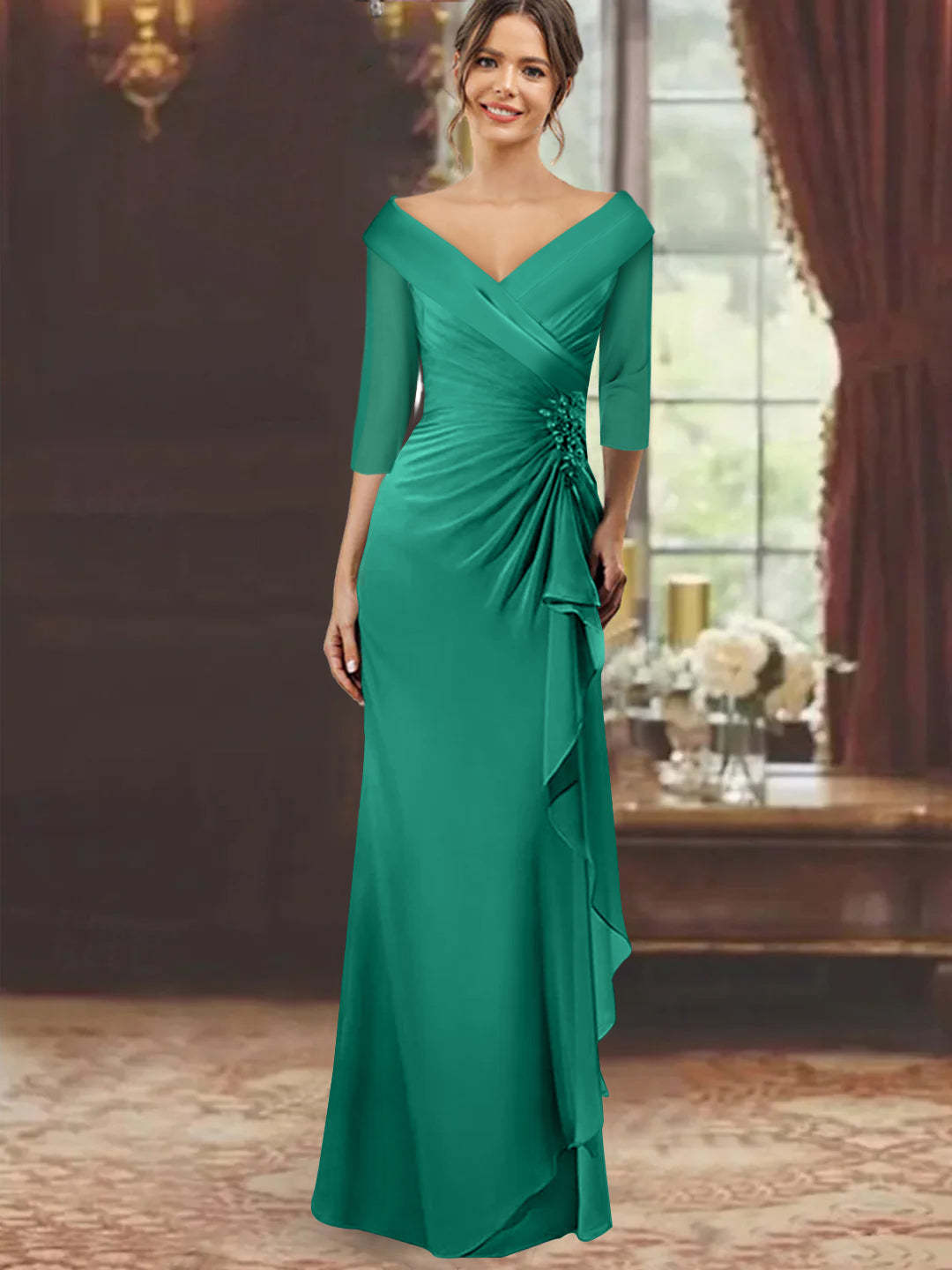 V-Neck Half-Sleeve Floor-Length Sheath Mother of the Bride Dress with Ruffles and Appliques