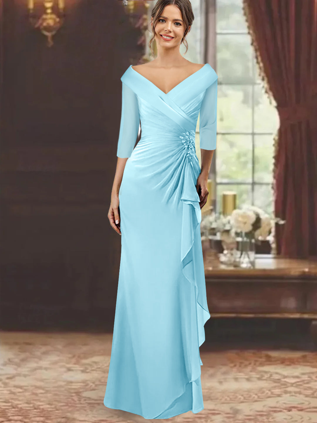 V-Neck Half-Sleeve Floor-Length Sheath Mother of the Bride Dress with Ruffles and Appliques
