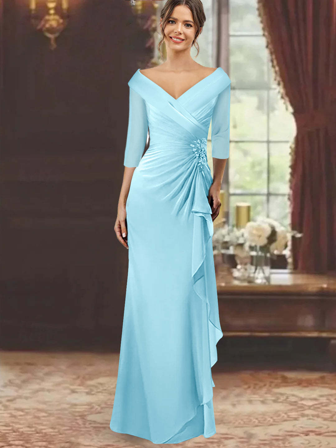 V-Neck Half-Sleeve Floor-Length Sheath Mother of the Bride Dress with Ruffles and Appliques