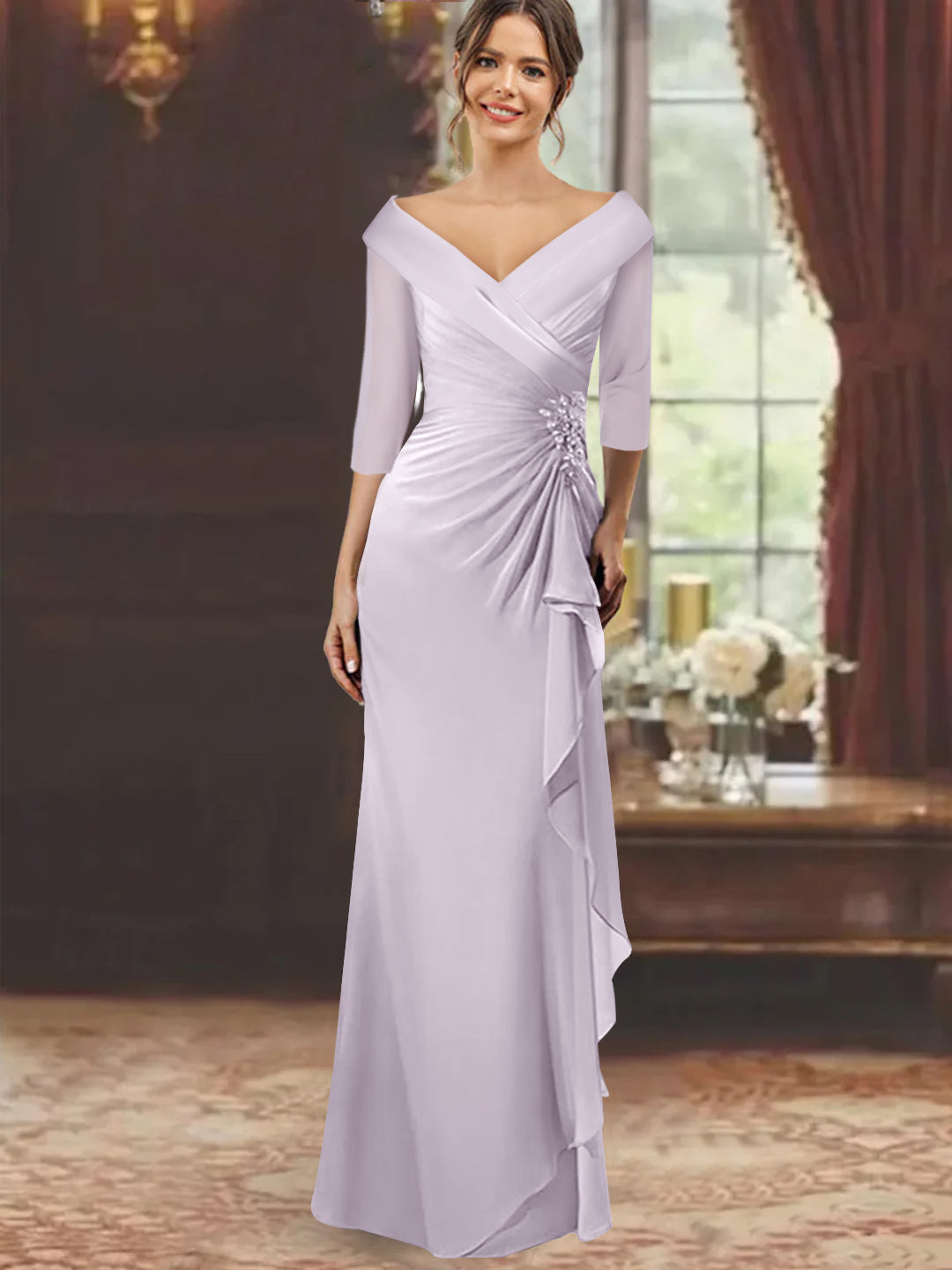 V-Neck Half-Sleeve Floor-Length Sheath Mother of the Bride Dress with Ruffles and Appliques