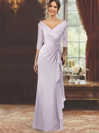 V-Neck Half-Sleeve Floor-Length Sheath Mother of the Bride Dress with Ruffles and Appliques