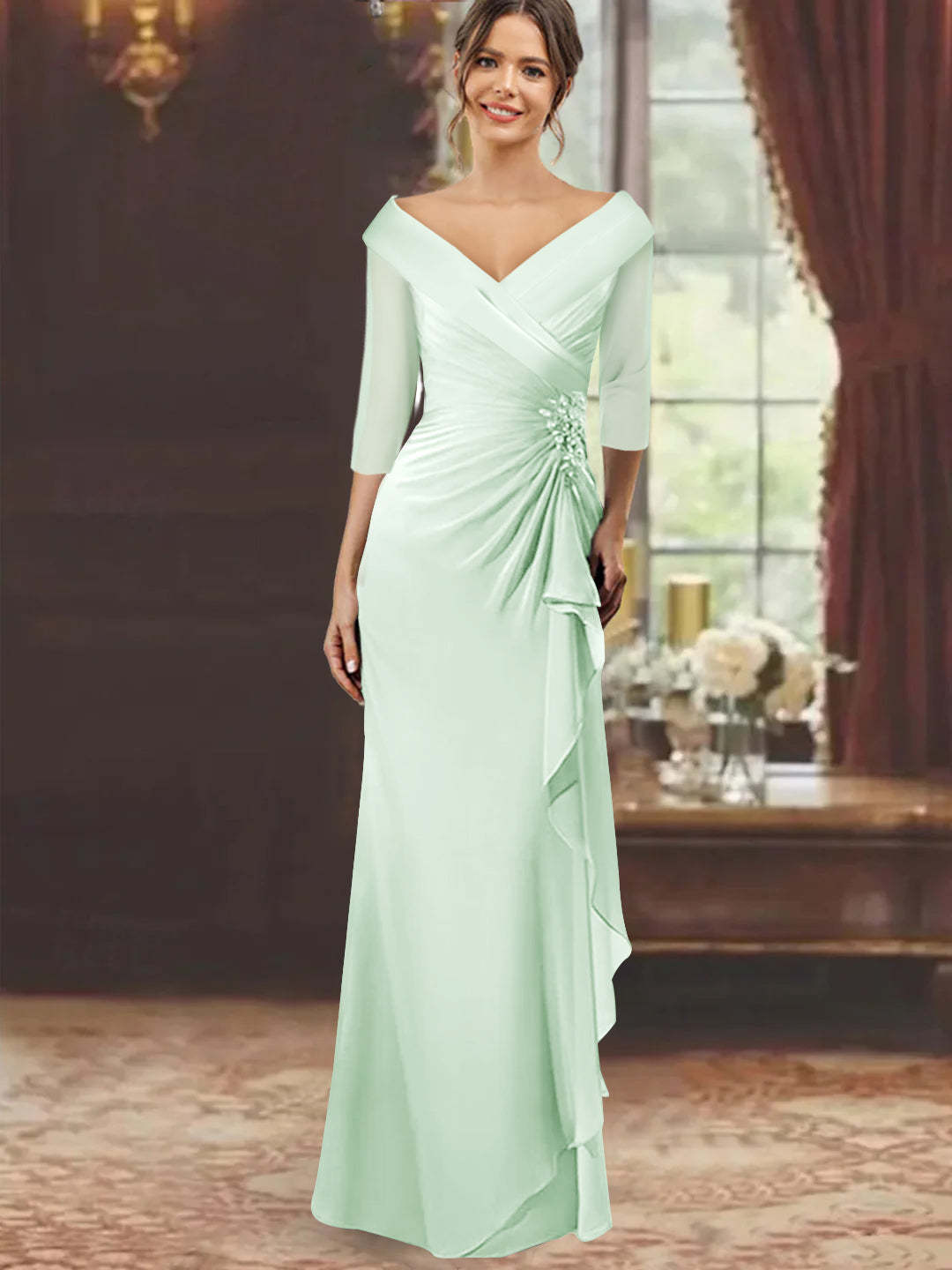 V-Neck Half-Sleeve Floor-Length Sheath Mother of the Bride Dress with Ruffles and Appliques