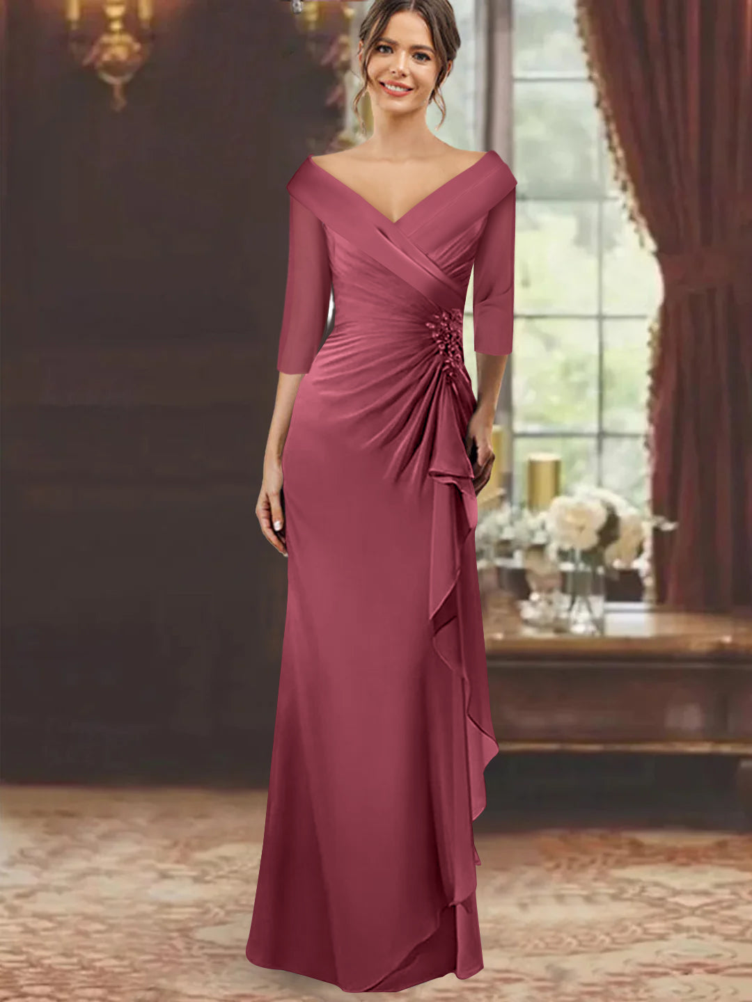V-Neck Half-Sleeve Floor-Length Sheath Mother of the Bride Dress with Ruffles and Appliques