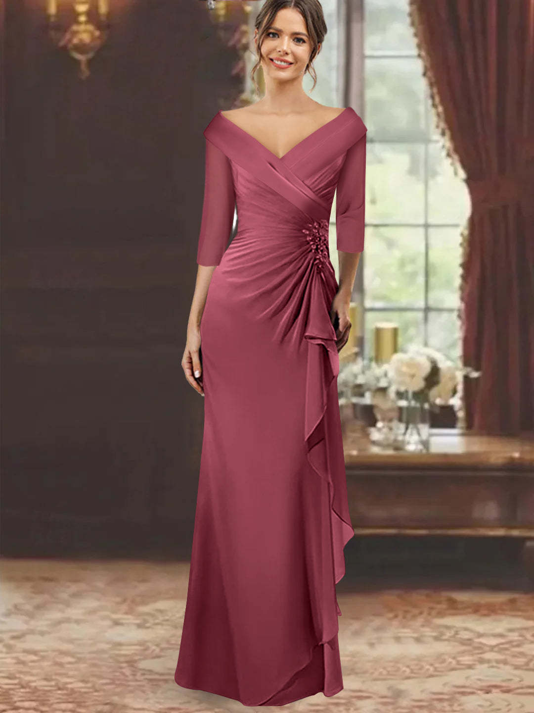 V-Neck Half-Sleeve Floor-Length Sheath Mother of the Bride Dress with Ruffles and Appliques