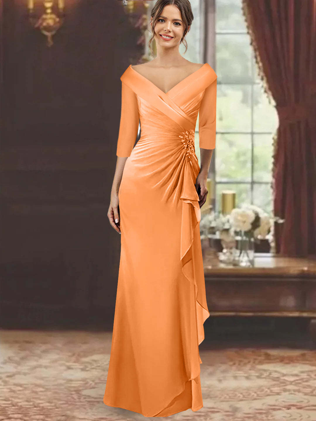 V-Neck Half-Sleeve Floor-Length Sheath Mother of the Bride Dress with Ruffles and Appliques