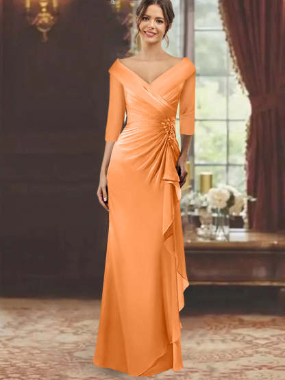 V-Neck Half-Sleeve Floor-Length Sheath Mother of the Bride Dress with Ruffles and Appliques