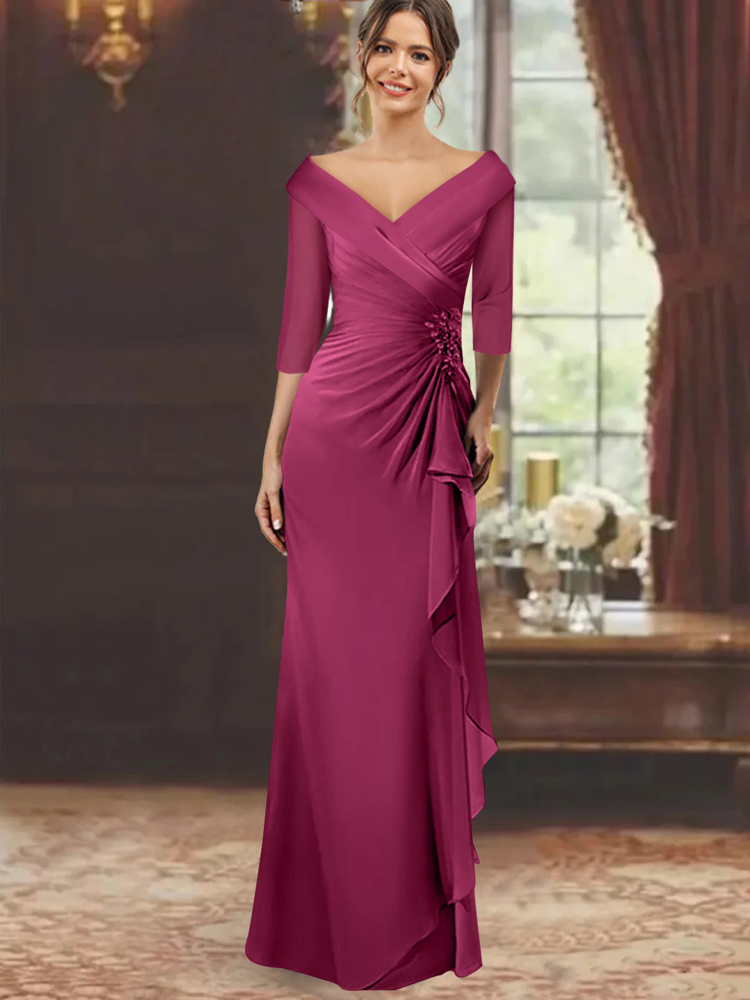 V-Neck Half-Sleeve Floor-Length Sheath Mother of the Bride Dress with Ruffles and Appliques
