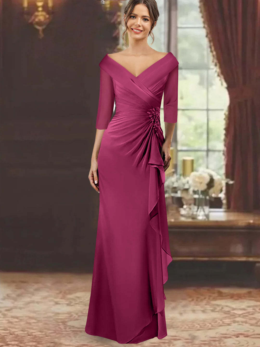 V-Neck Half-Sleeve Floor-Length Sheath Mother of the Bride Dress with Ruffles and Appliques