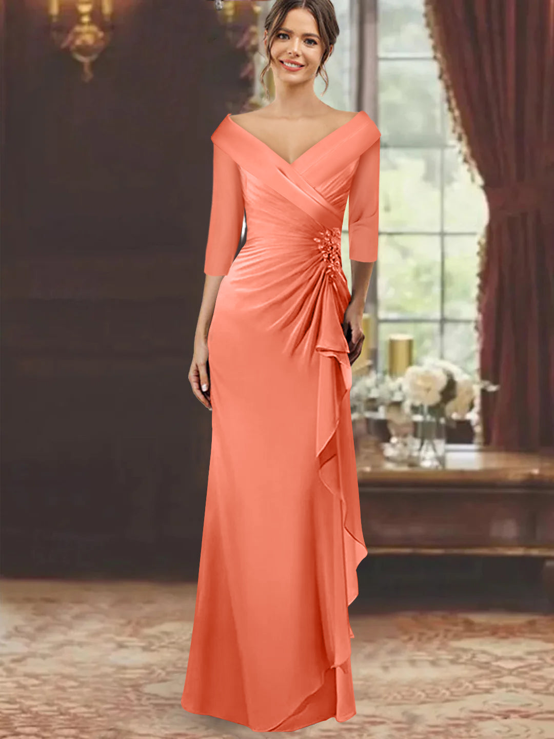 V-Neck Half-Sleeve Floor-Length Sheath Mother of the Bride Dress with Ruffles and Appliques