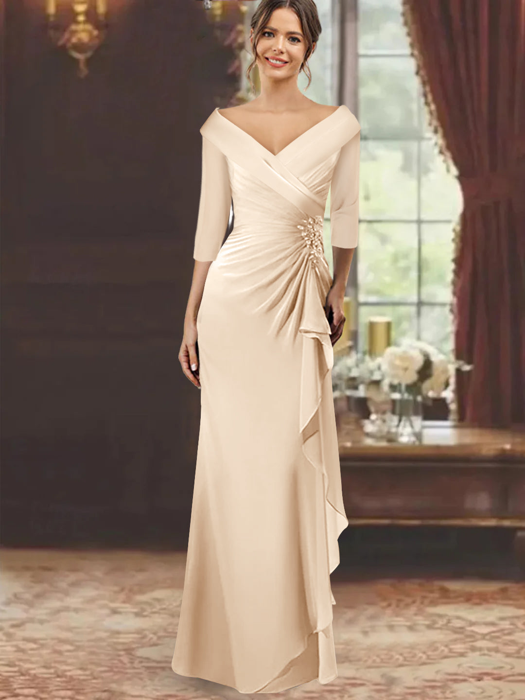 V-Neck Half-Sleeve Floor-Length Sheath Mother of the Bride Dress with Ruffles and Appliques