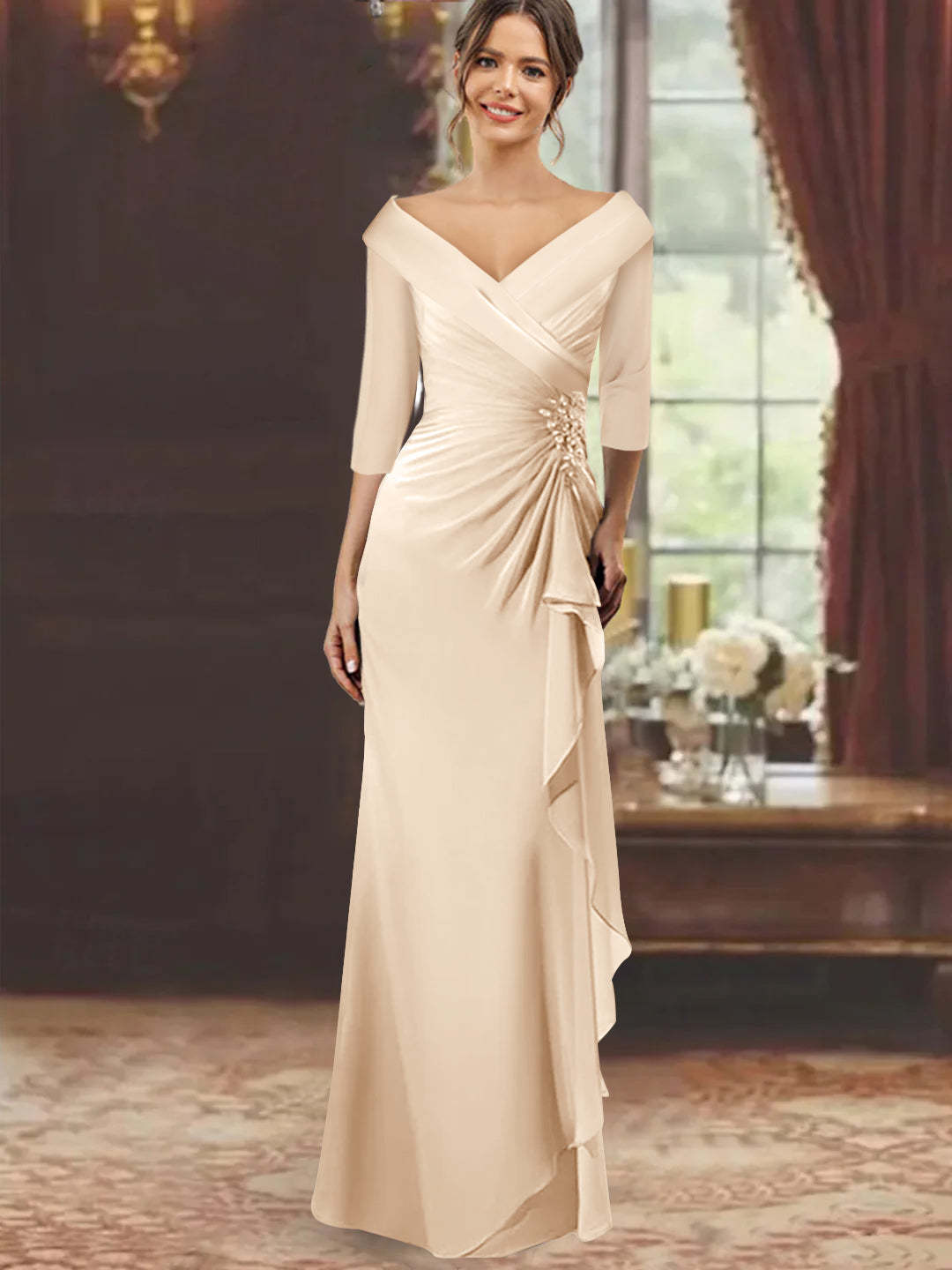 V-Neck Half-Sleeve Floor-Length Sheath Mother of the Bride Dress with Ruffles and Appliques