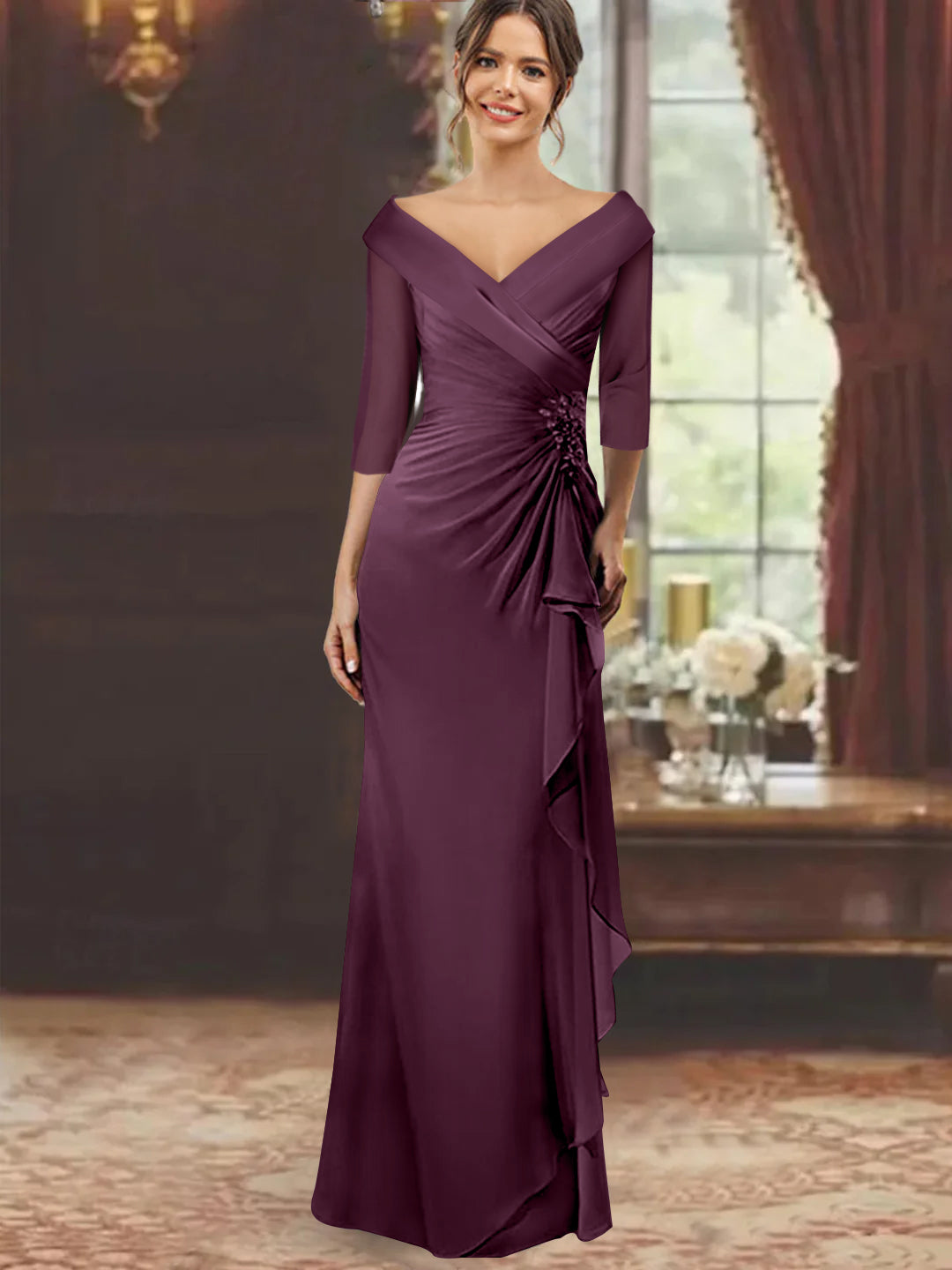 V-Neck Half-Sleeve Floor-Length Sheath Mother of the Bride Dress with Ruffles and Appliques