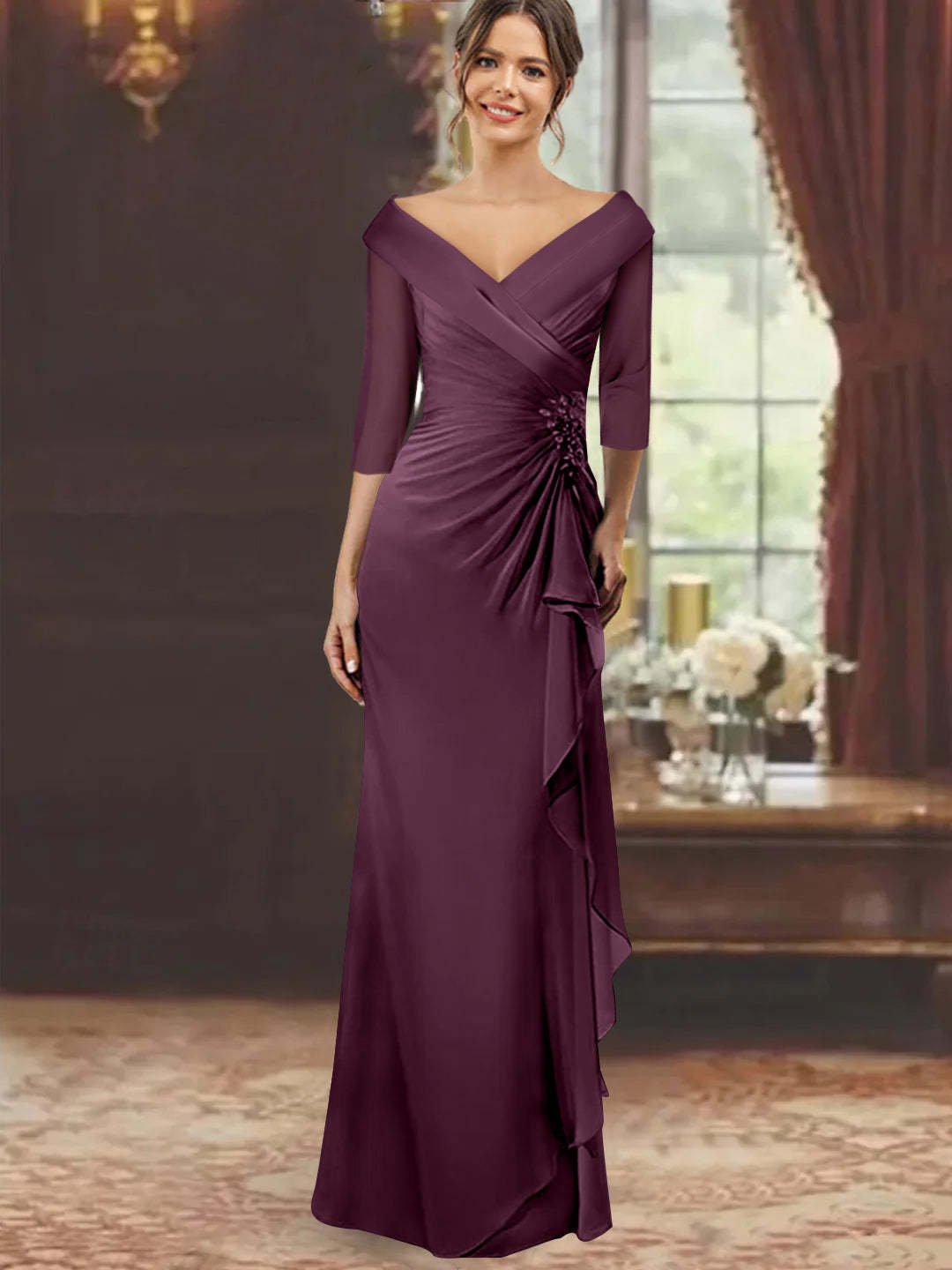 V-Neck Half-Sleeve Floor-Length Sheath Mother of the Bride Dress with Ruffles and Appliques