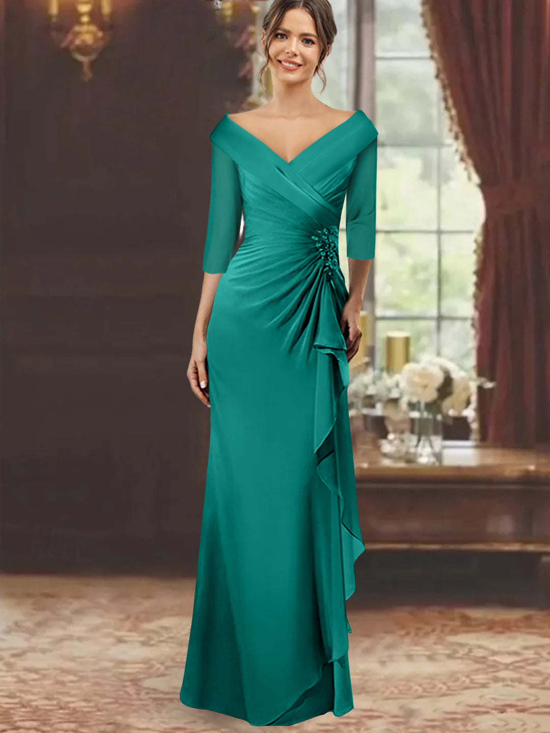 V-Neck Half-Sleeve Floor-Length Sheath Mother of the Bride Dress with Ruffles and Appliques