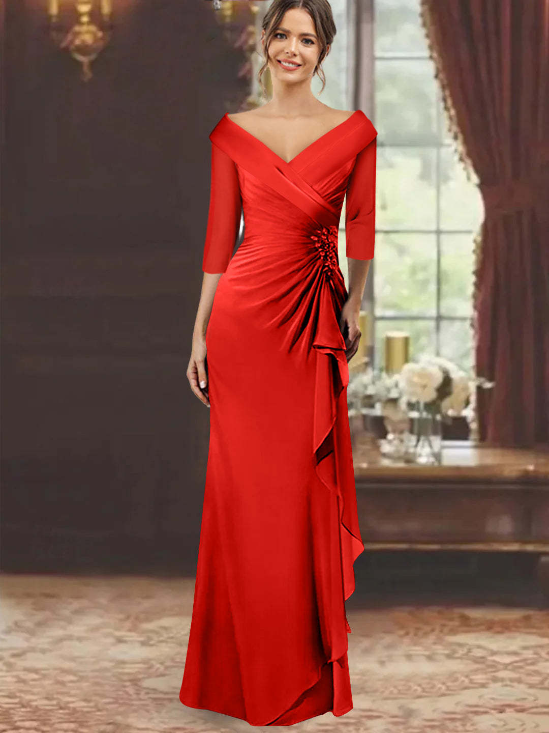 V-Neck Half-Sleeve Floor-Length Sheath Mother of the Bride Dress with Ruffles and Appliques
