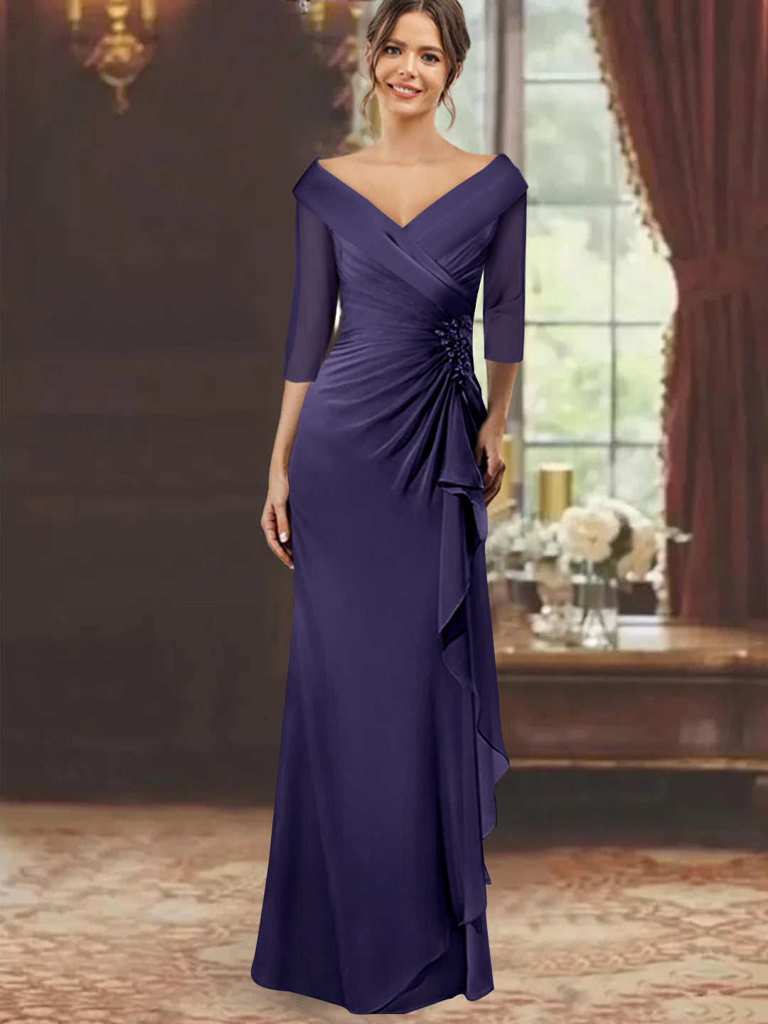 V-Neck Half-Sleeve Floor-Length Sheath Mother of the Bride Dress with Ruffles and Appliques
