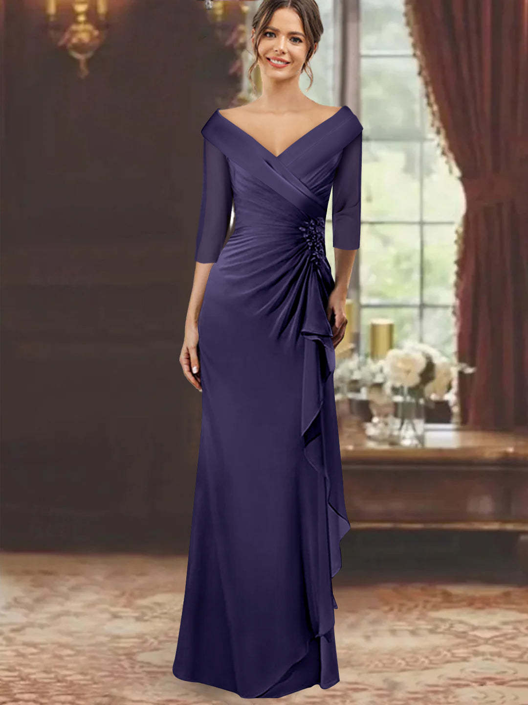 V-Neck Half-Sleeve Floor-Length Sheath Mother of the Bride Dress with Ruffles and Appliques