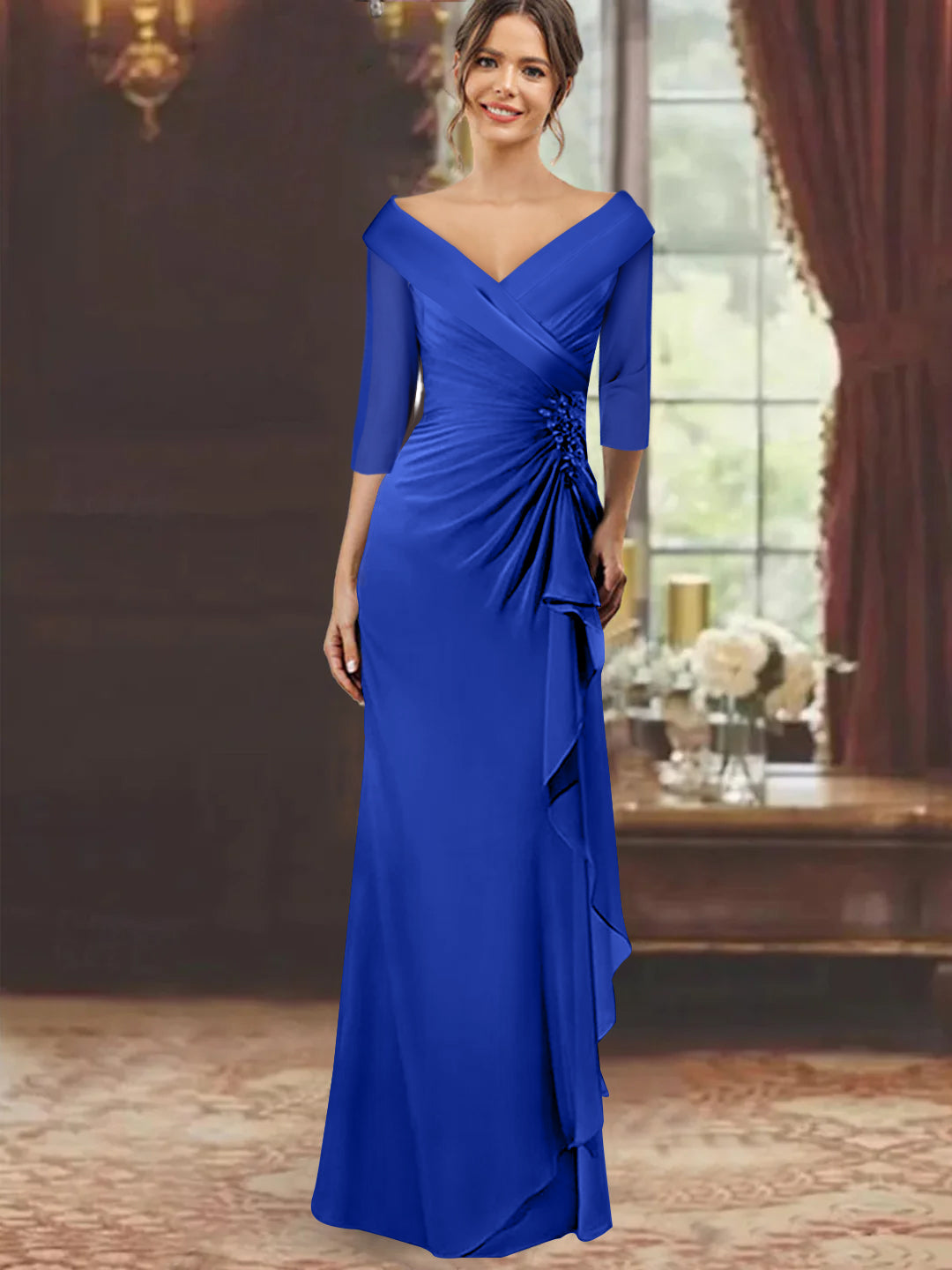 V-Neck Half-Sleeve Floor-Length Sheath Mother of the Bride Dress with Ruffles and Appliques
