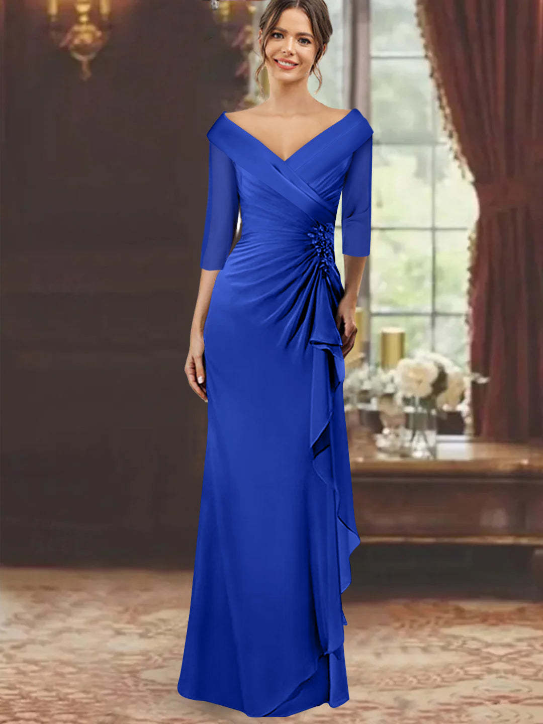 V-Neck Half-Sleeve Floor-Length Sheath Mother of the Bride Dress with Ruffles and Appliques