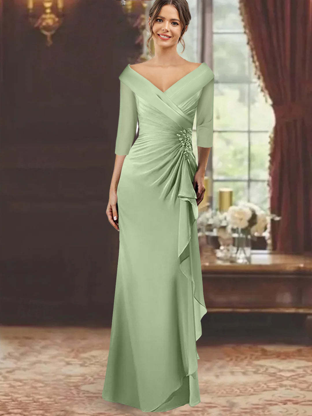 V-Neck Half-Sleeve Floor-Length Sheath Mother of the Bride Dress with Ruffles and Appliques