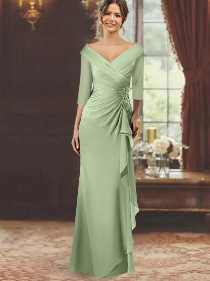 V-Neck Half-Sleeve Floor-Length Sheath Mother of the Bride Dress with Ruffles and Appliques