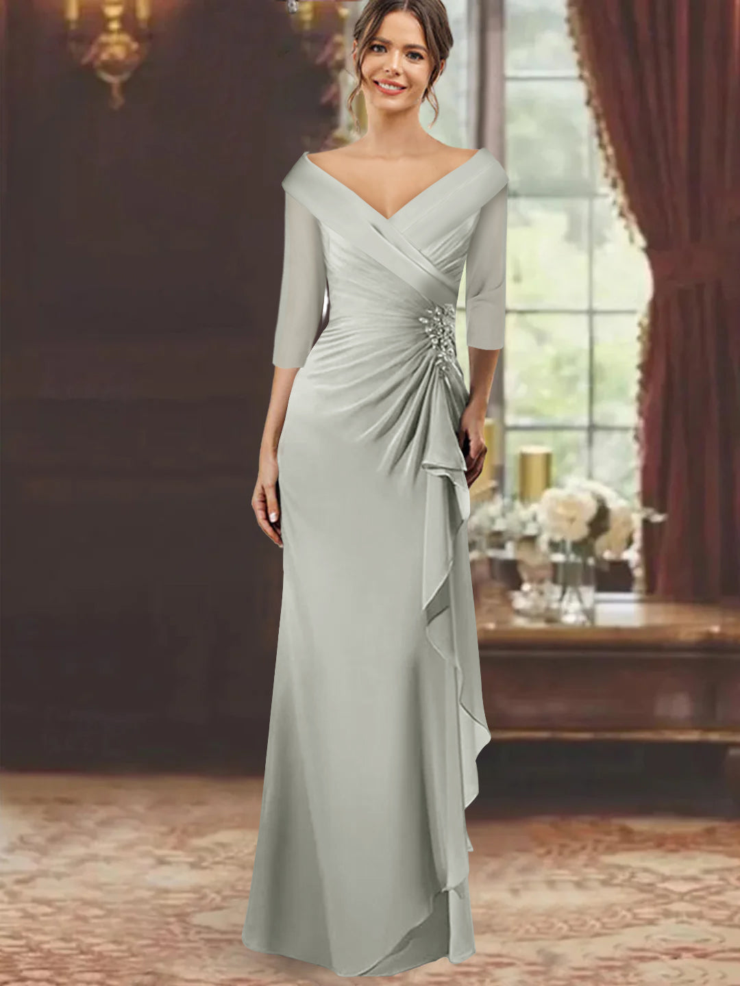V-Neck Half-Sleeve Floor-Length Sheath Mother of the Bride Dress with Ruffles and Appliques