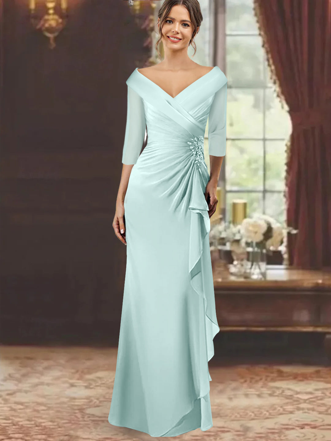 V-Neck Half-Sleeve Floor-Length Sheath Mother of the Bride Dress with Ruffles and Appliques