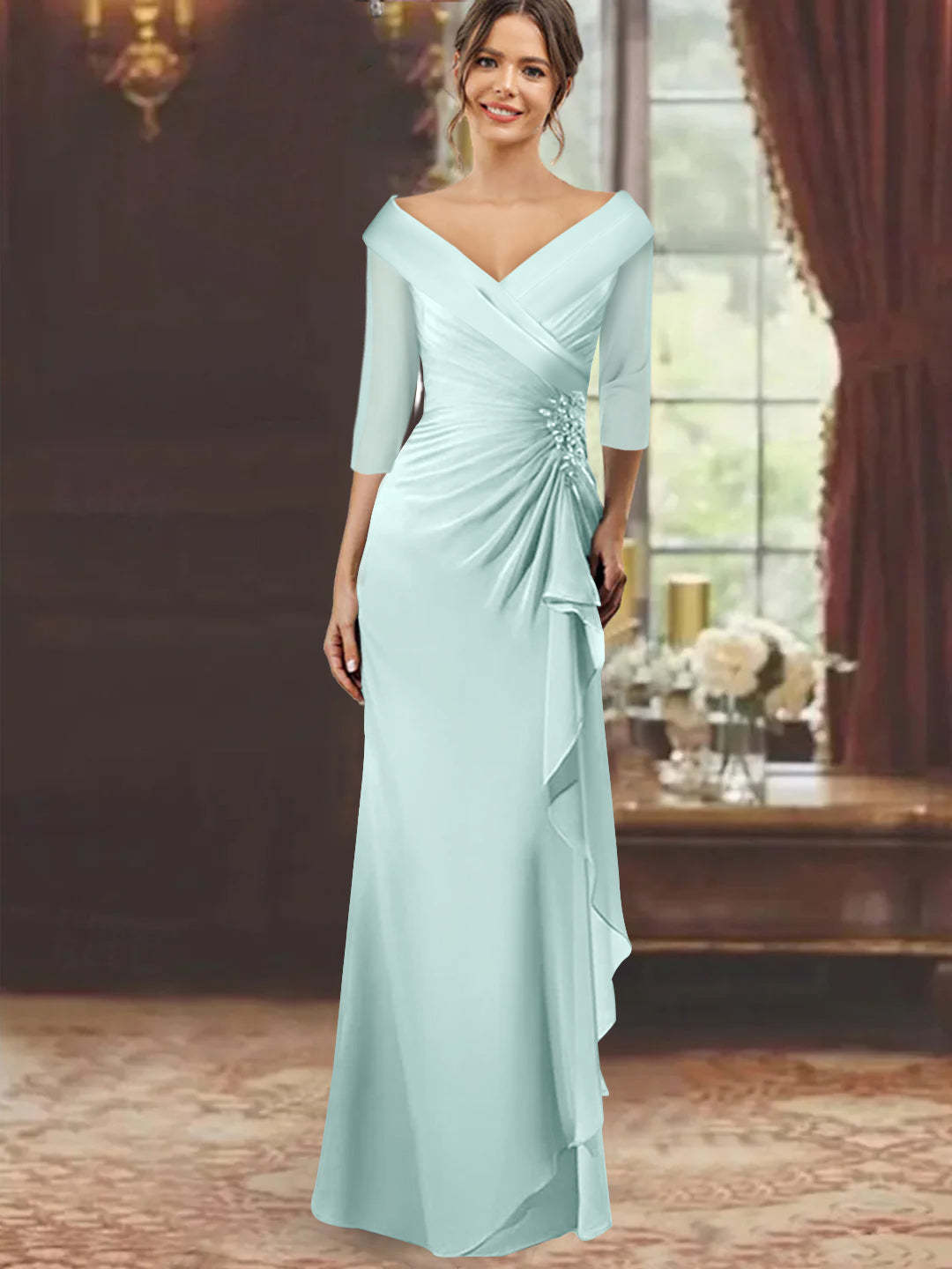 V-Neck Half-Sleeve Floor-Length Sheath Mother of the Bride Dress with Ruffles and Appliques