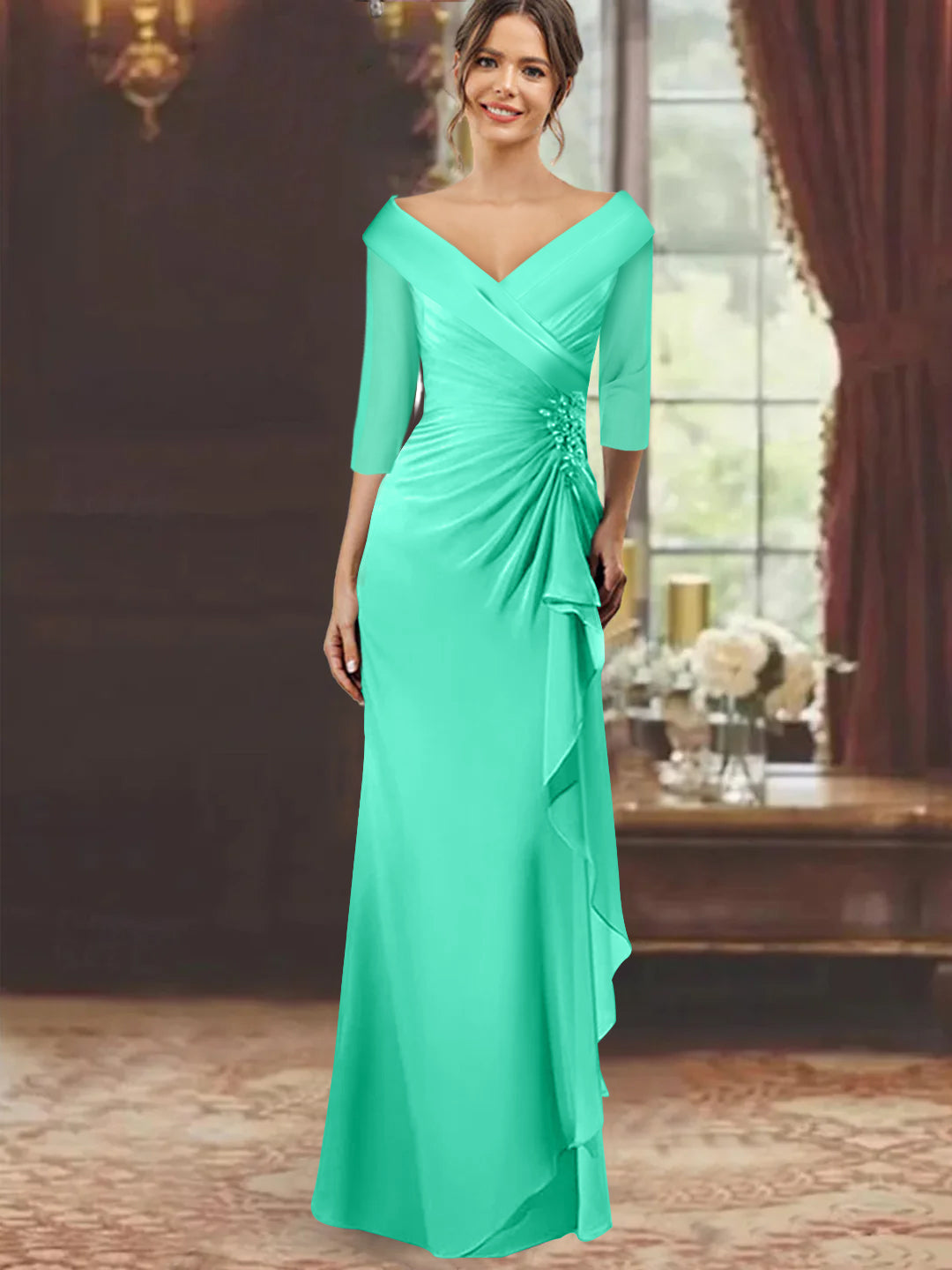 V-Neck Half-Sleeve Floor-Length Sheath Mother of the Bride Dress with Ruffles and Appliques