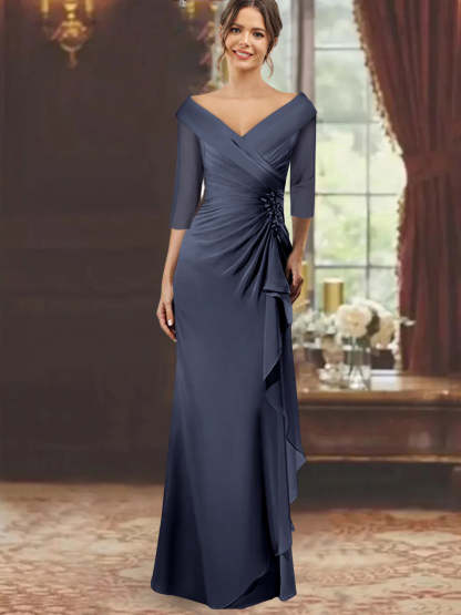 V-Neck Half-Sleeve Floor-Length Sheath Mother of the Bride Dress with Ruffles and Appliques