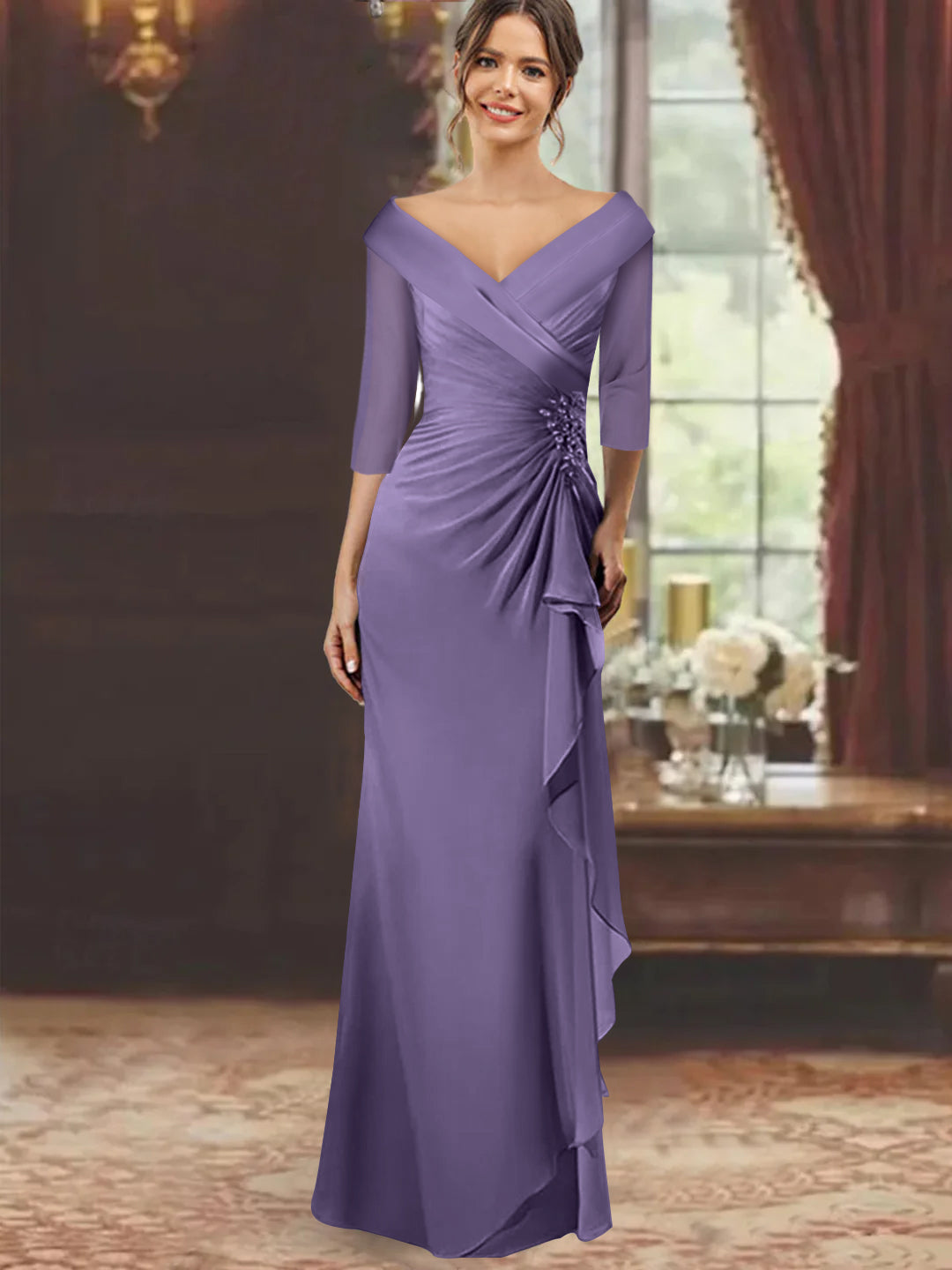 V-Neck Half-Sleeve Floor-Length Sheath Mother of the Bride Dress with Ruffles and Appliques