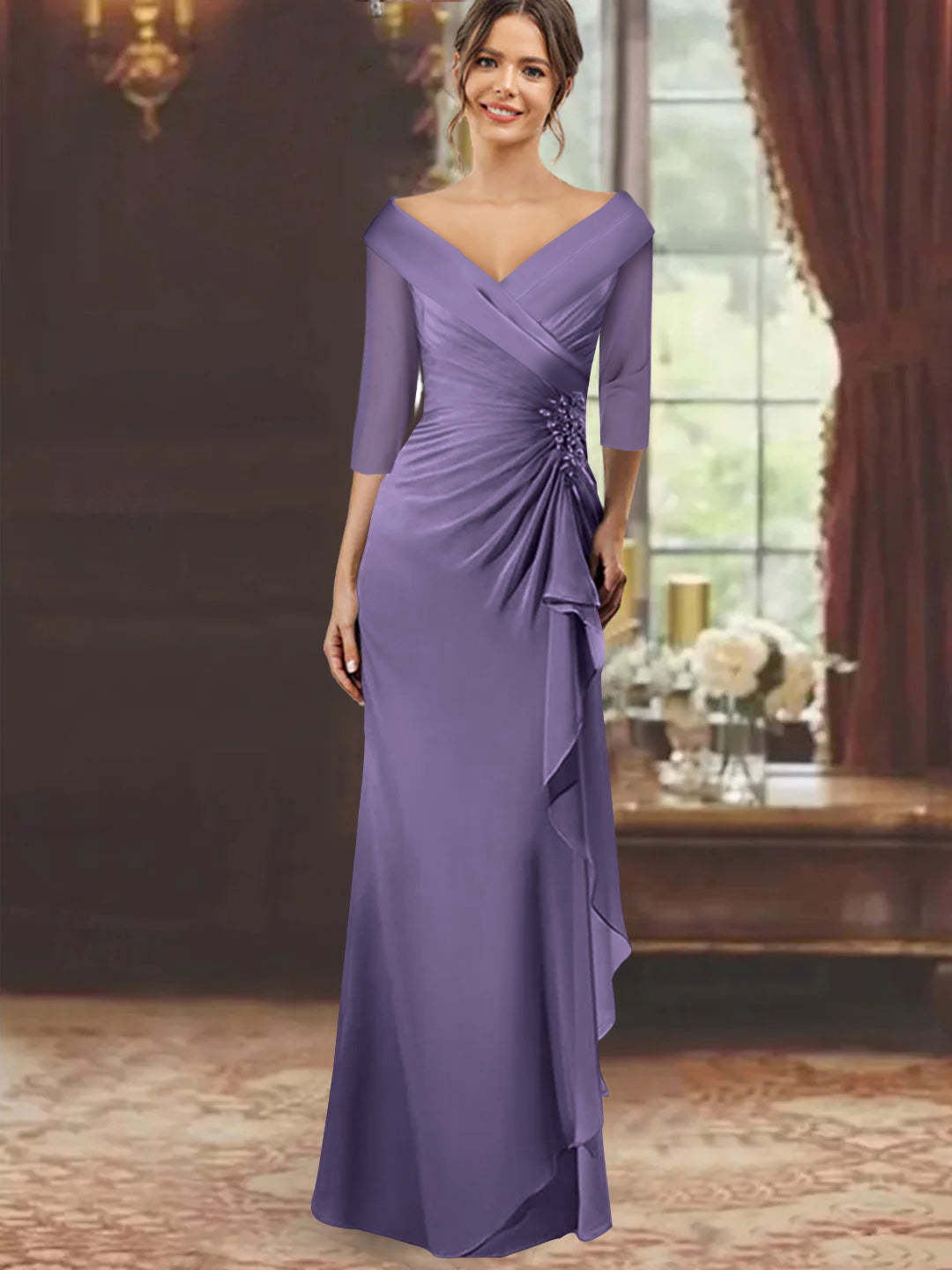 V-Neck Half-Sleeve Floor-Length Sheath Mother of the Bride Dress with Ruffles and Appliques