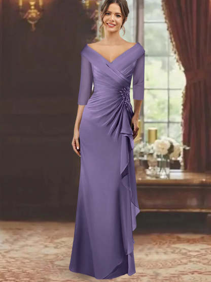 V-Neck Half-Sleeve Floor-Length Sheath Mother of the Bride Dress with Ruffles and Appliques
