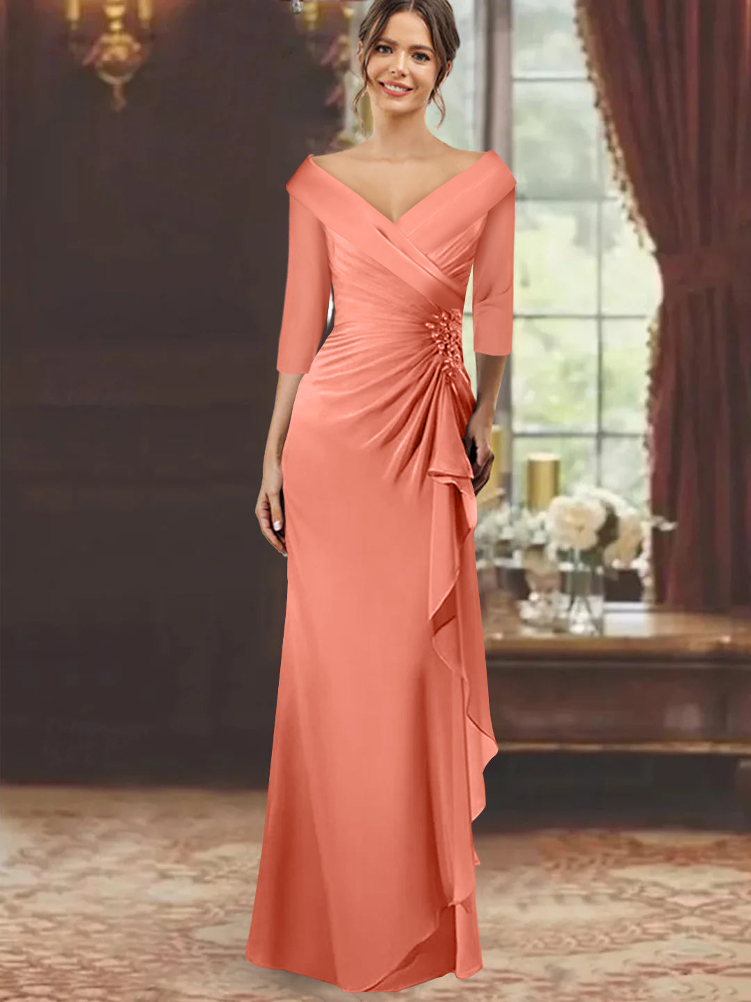 V-Neck Half-Sleeve Floor-Length Sheath Mother of the Bride Dress with Ruffles and Appliques