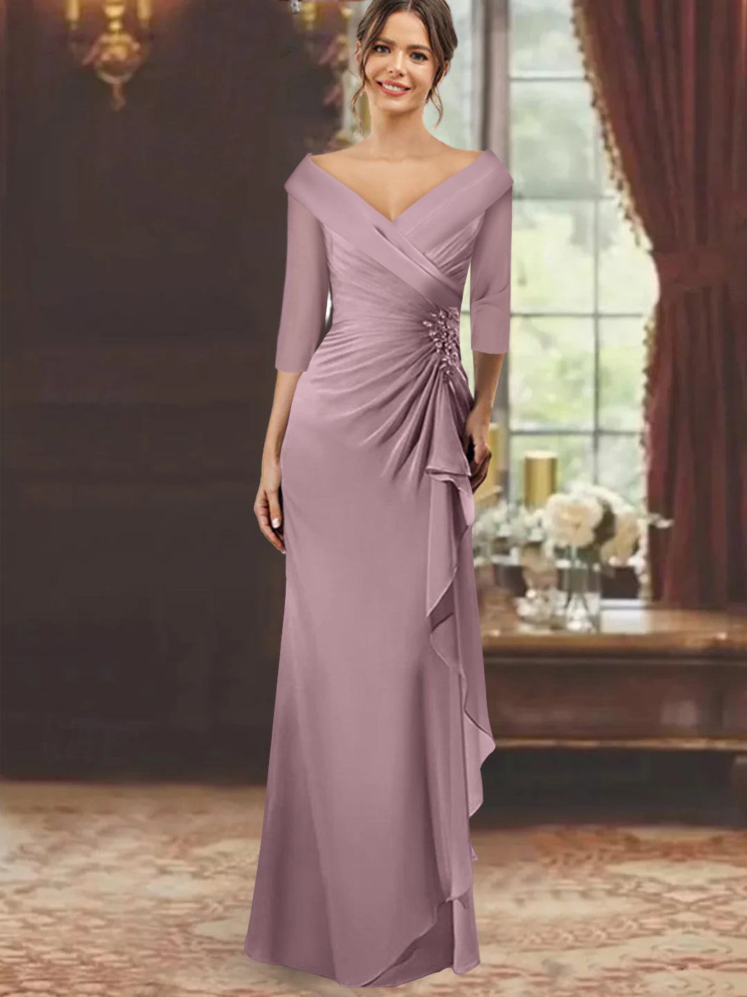 V-Neck Half-Sleeve Floor-Length Sheath Mother of the Bride Dress with Ruffles and Appliques