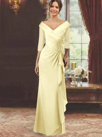 V-Neck Half-Sleeve Floor-Length Sheath Mother of the Bride Dress with Ruffles and Appliques