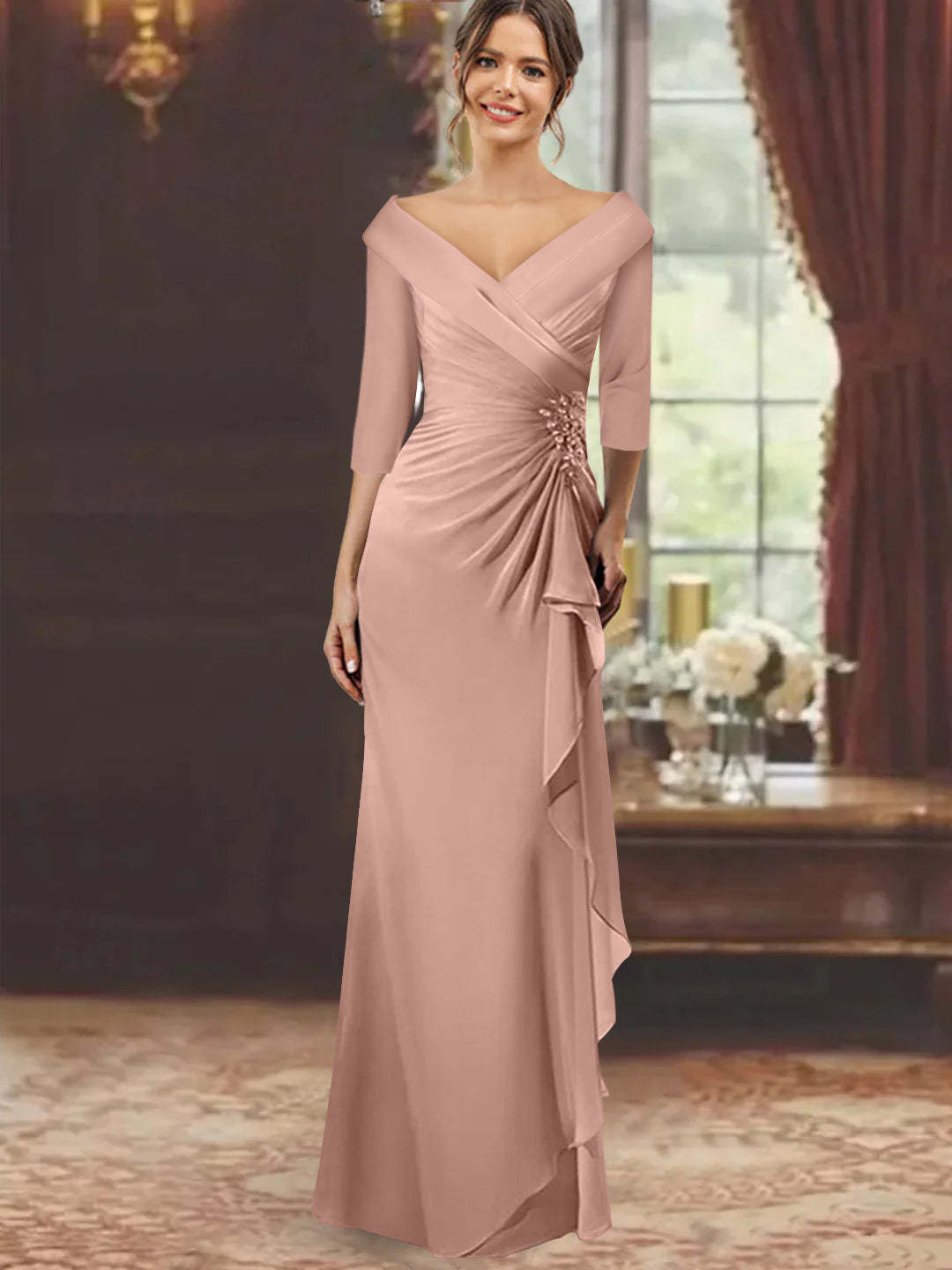 V-Neck Half-Sleeve Floor-Length Sheath Mother of the Bride Dress with Ruffles and Appliques