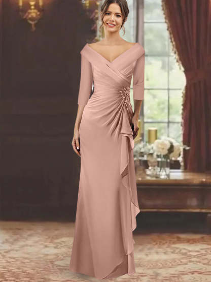 V-Neck Half-Sleeve Floor-Length Sheath Mother of the Bride Dress with Ruffles and Appliques