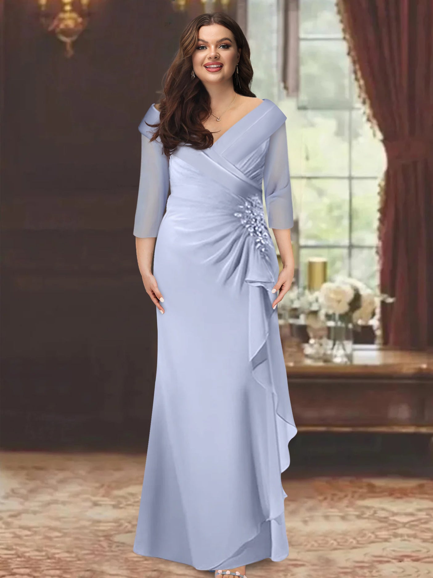 V-Neck Half-Sleeve Floor-Length Sheath Mother of the Bride Dress with Ruffles and Appliques