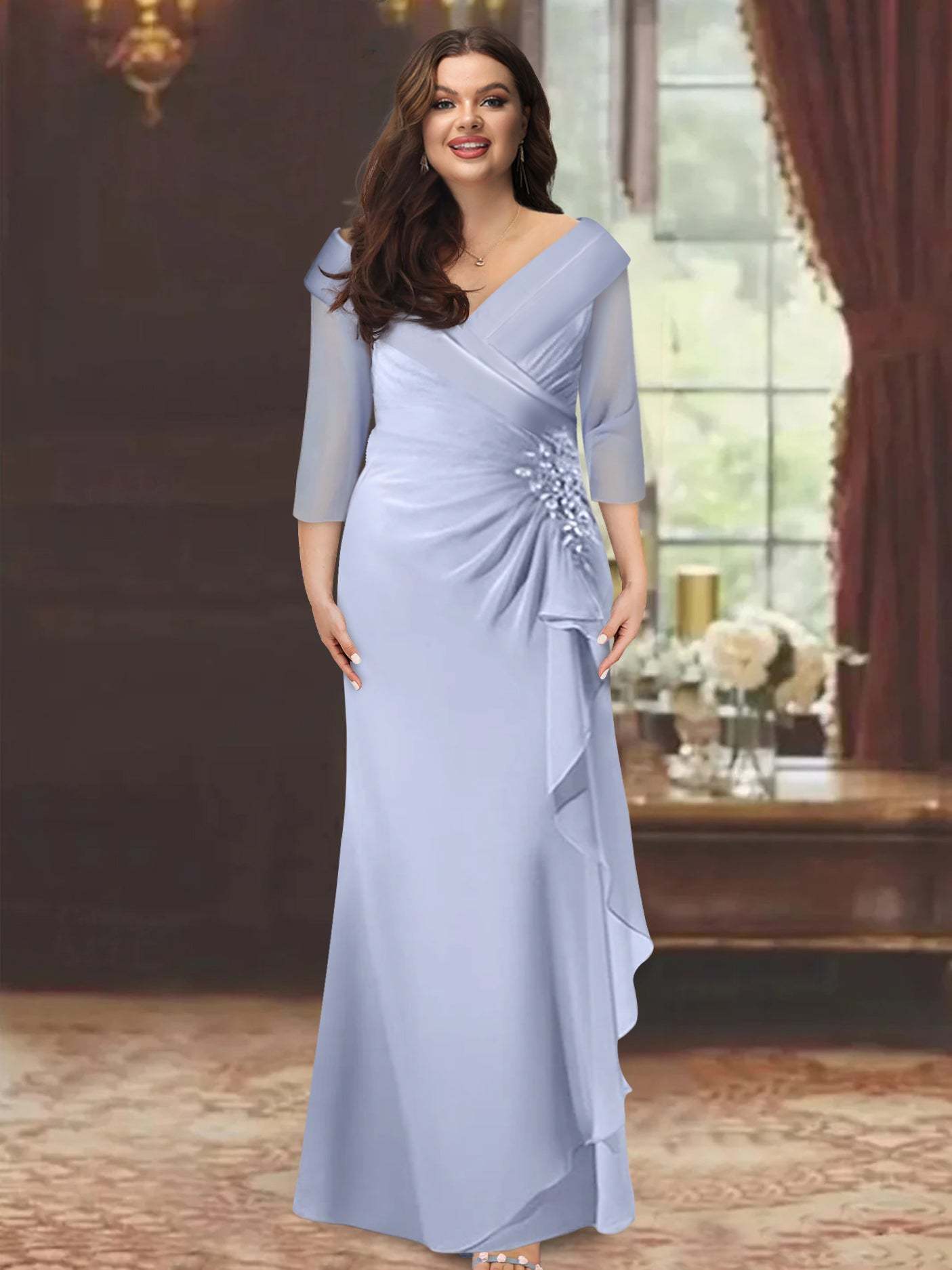 V-Neck Half-Sleeve Floor-Length Sheath Mother of the Bride Dress with Ruffles and Appliques