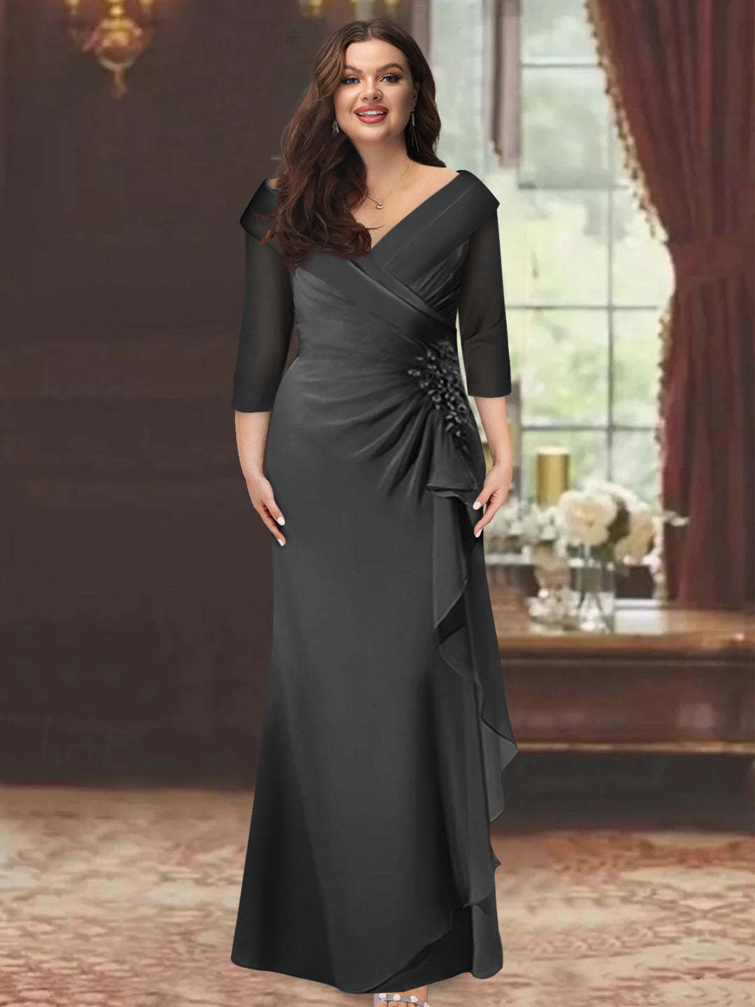 Plus Size Floor-Length V-Neck Sheath Mother of the Bride Dress with Ruffles and Appliques