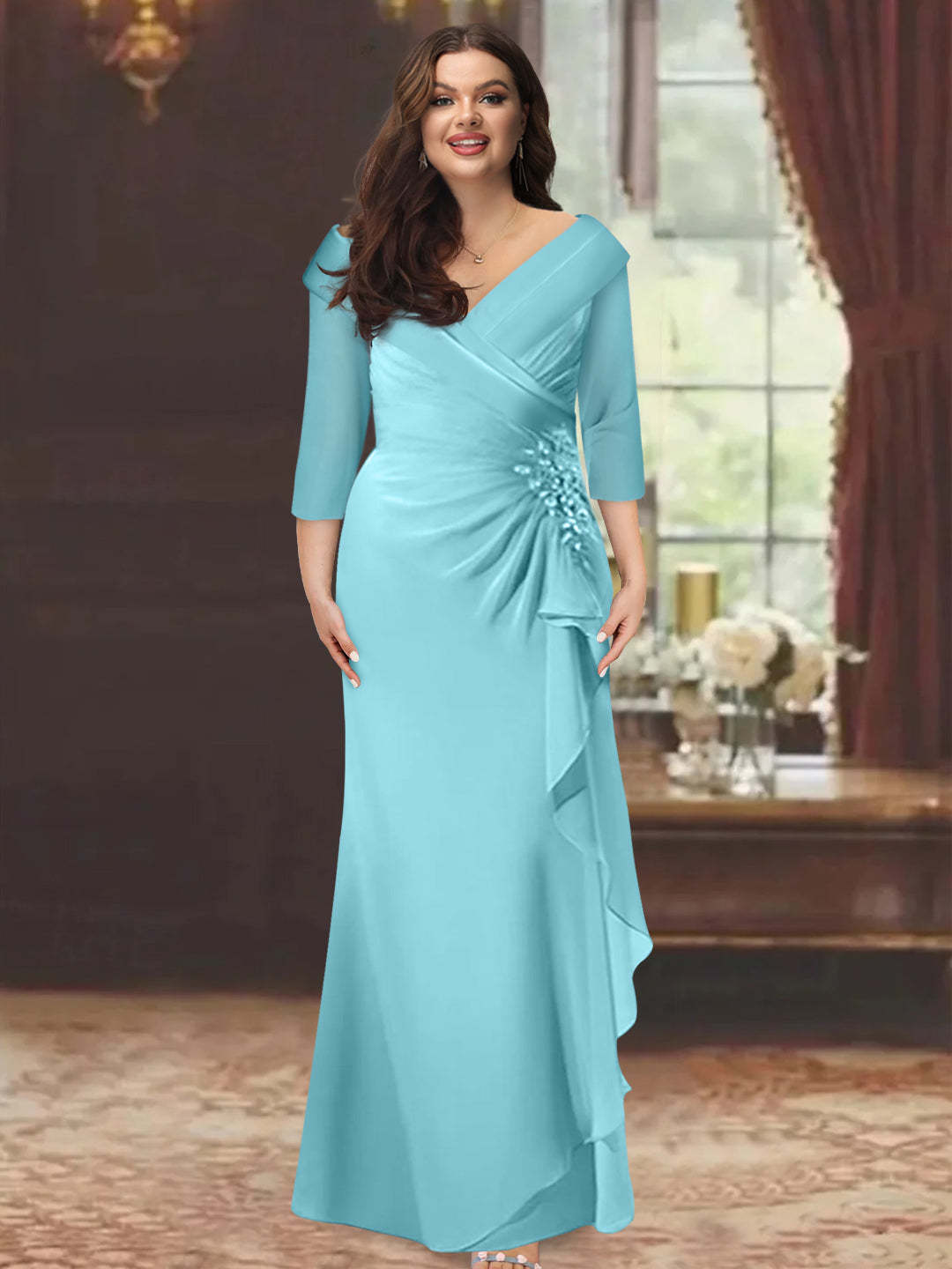 Plus Size Floor-Length V-Neck Sheath Mother of the Bride Dress with Ruffles and Appliques