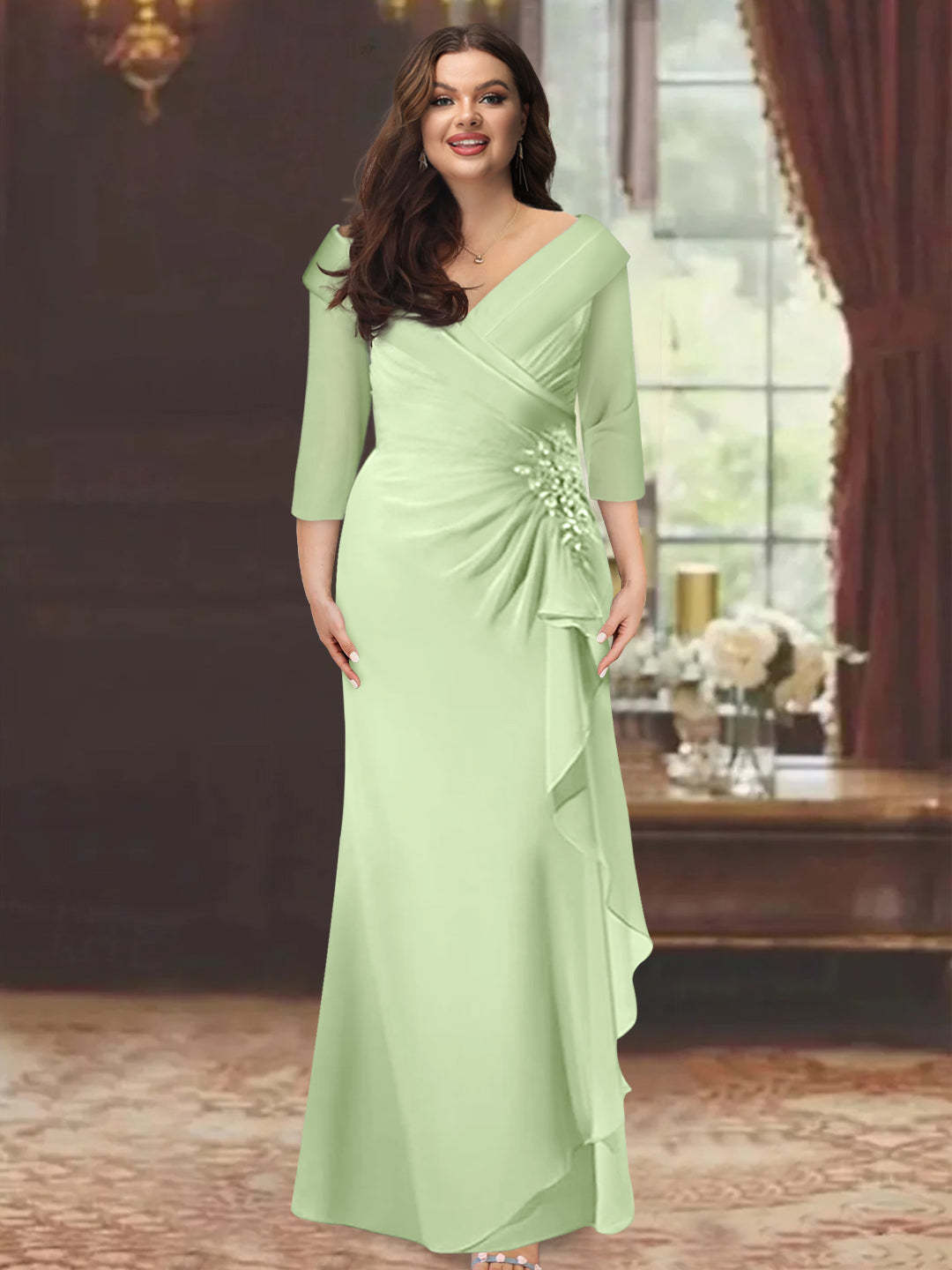 Plus Size Floor-Length V-Neck Sheath Mother of the Bride Dress with Ruffles and Appliques