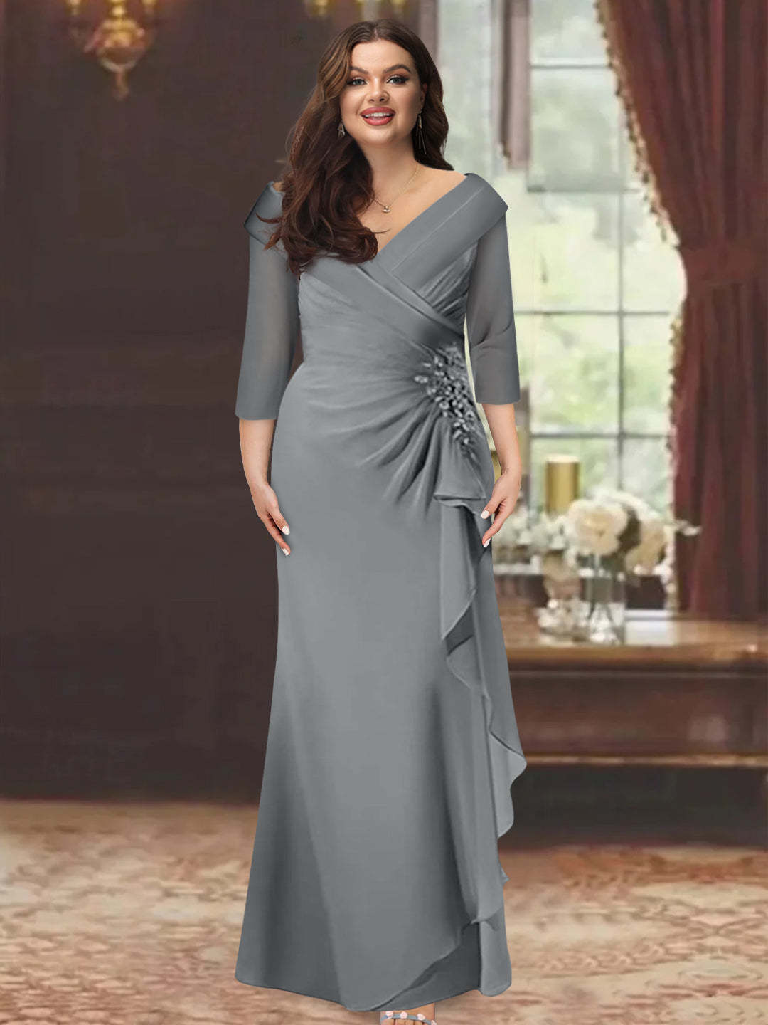 Plus Size Floor-Length V-Neck Sheath Mother of the Bride Dress with Ruffles and Appliques